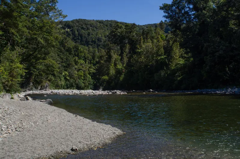 Hutt River pool beneath bush-covered hills in Kaitoke Regional Park