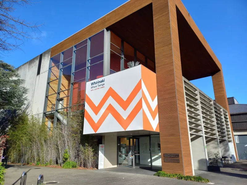 Front of the Whirinaki Whare Taonga arts centre in Upper Hutt